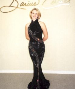 C97B Darius Cordell Texas halter liquid beaded pageant Gowns