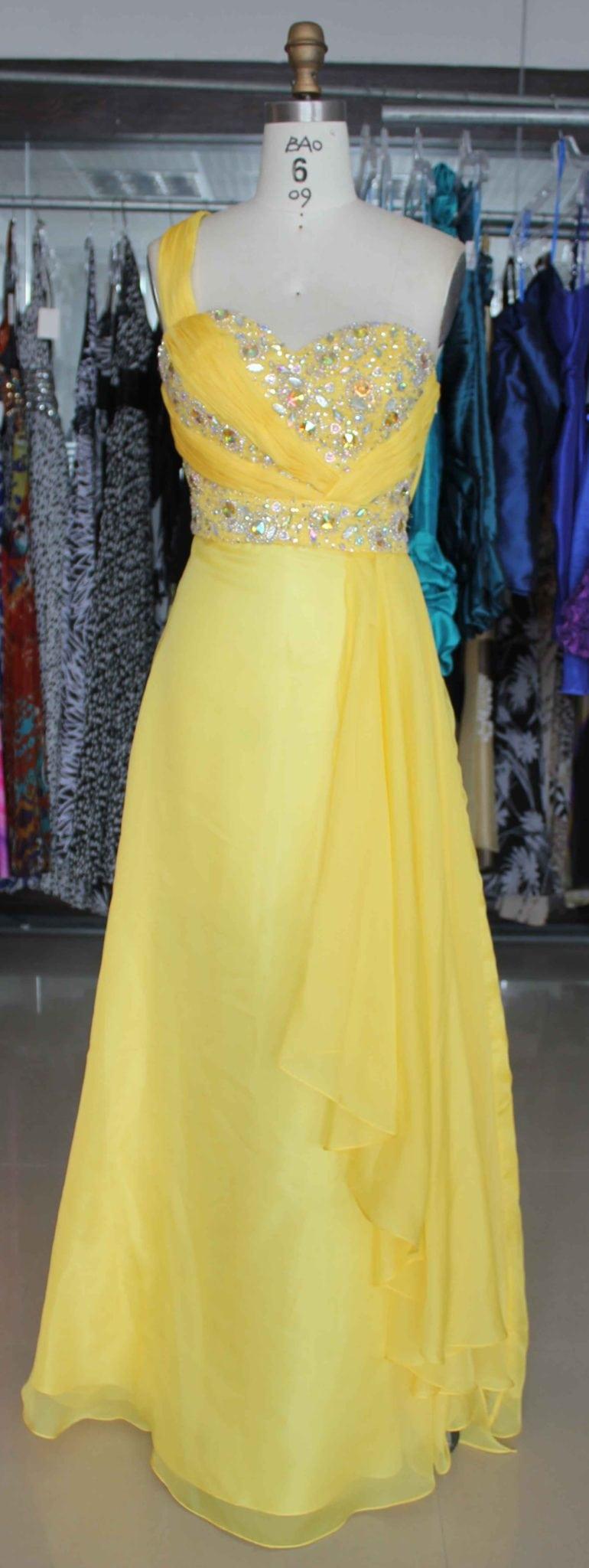 One Shoulder Yellow Formal Gowns by Darius Custom Dresses