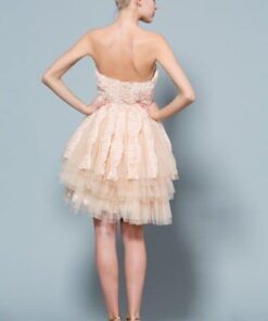 short peach colored designer evening dress