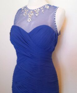 Blue Illusion Neckline Ruched Evening Dress