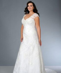 Plus Size lace Wedding Gown with Short Cap Sleeves