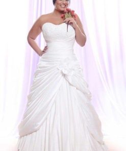 Strapless Plus Size Wedding Dress with gathers and pick ups at Darius Cordell