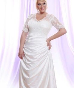 Silk Satin Plus Size Wedding Dress with Long Sheer Illusion Lace Sleeves