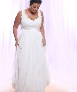 Belted Empire Waist Plus Size Wedding Dress with Soutage Lace and Pearls
