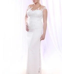 Sleeveless Plus Size Wedding Dress with beaded lace on Illusion Neckline