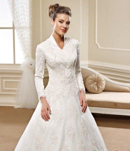 Modest Long Sleeve Lace A-Line Wedding Dress with High Neckline