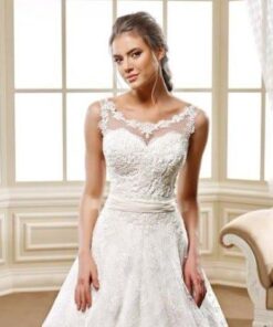 beaded lace wedding gown with illusion neck line