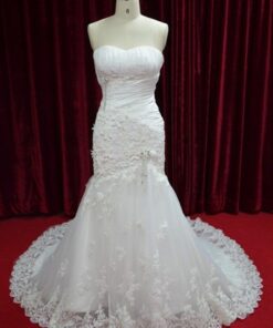 ruched strapless lace wedding gown