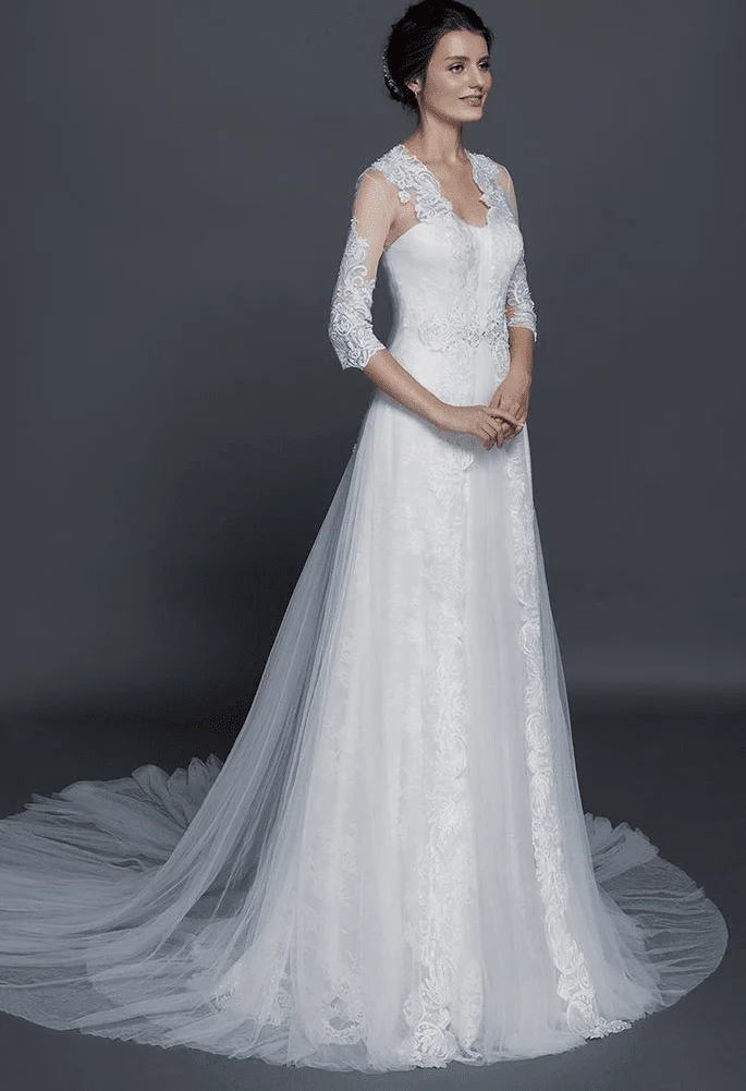 Style #50150018 wedding gowns with lace sleeve jacket cover ups  DARIUS  COUTURE