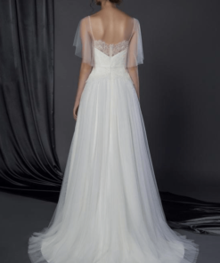 back of flutter sleeve cover up on wedding gown