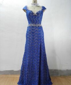 Style #11872 - Blue Lace cap sleeve mother of the groom evening gowns - Darius Cordell