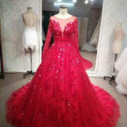 Long Sleeve Red Wedding Gowns - Darius 