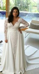 Style #4c74 - Long sleeve plus size bridal gown with large satin overskirt