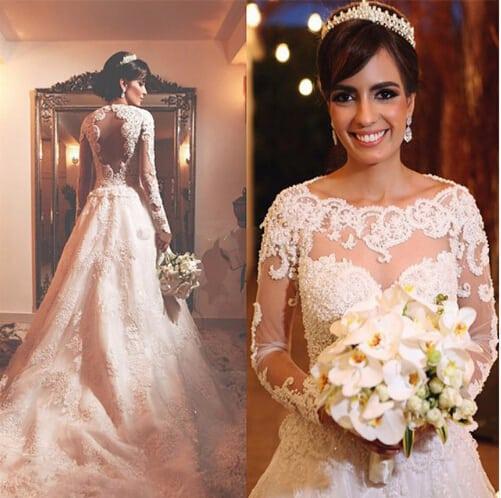 Style 45a5454 - pearl beaded long sleeve wedding dress