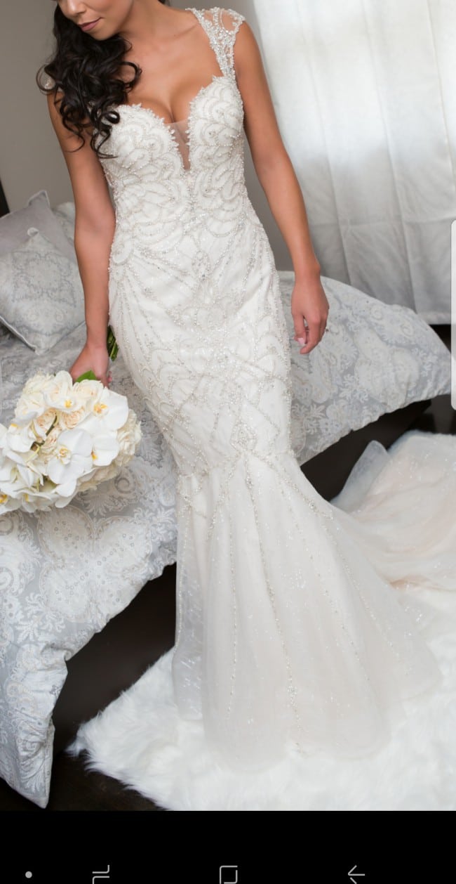 Beaded sheer cap sleeve wedding gown from the Darius Collection