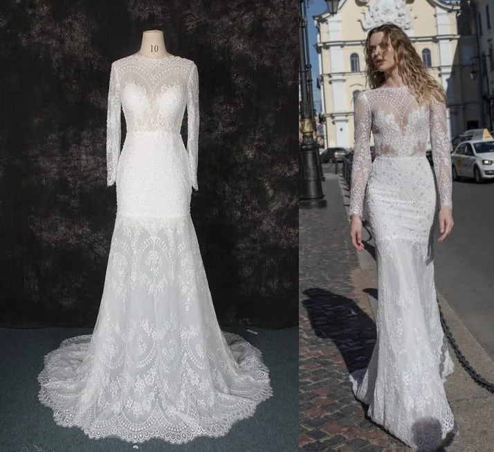 wedding dress donoma with long sleeves reviews Reshmina Custom-Made A-line Illusion Neckline Wedding Dress