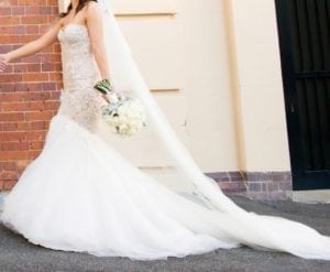 strapless fit-and-flare lace wedding gown from Darius Bridal