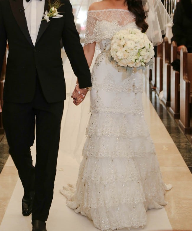 Tiered beaded lace wedding gown from the Darius Collection