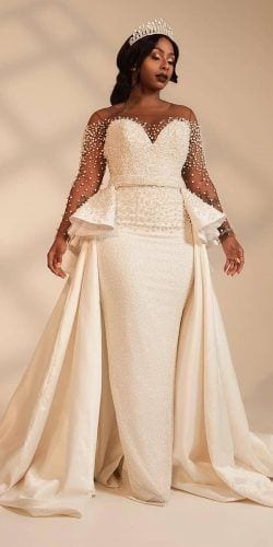 Pearl beaded long sleeve plus size wedding gown