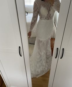 Darius Cordell illusion neckline lace wedding gown inspired by Lian Rokman Earth dress for Nikki Lazaran
