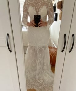 Darius Cordell long sleeve sheer lace wedding gown inspired by Lian Rokman Earth dress for Nikki Lazaran