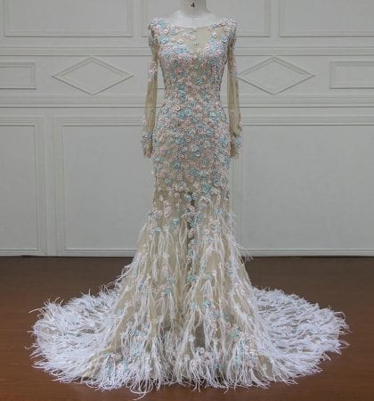 Feather wedding dress with sheer long sleeves in pastel color