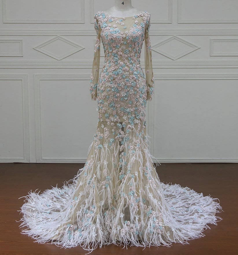long sleeve feather wedding dress