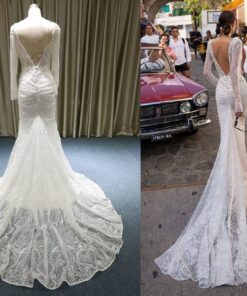 Open v-back wedding dresses with long sleeves inspired by Inbal Dror
