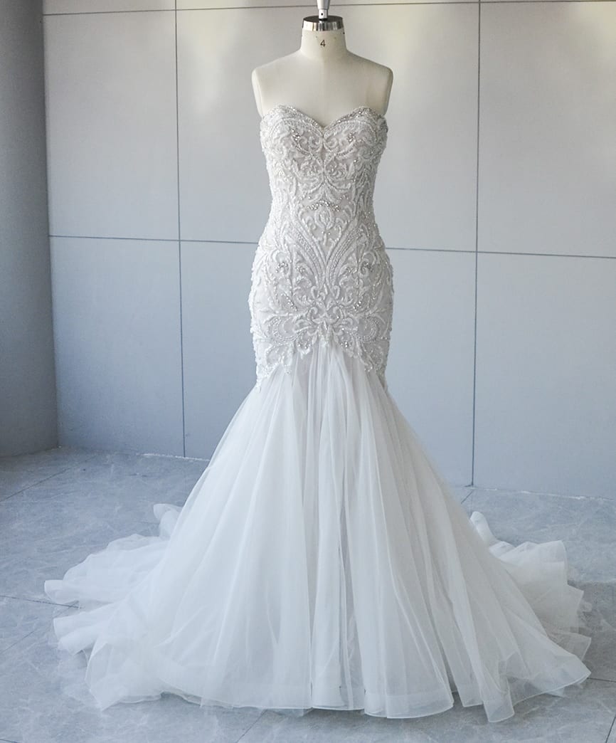 Style VNDM004 Strapless fit to flare beaded wedding dress by Darius Cordell