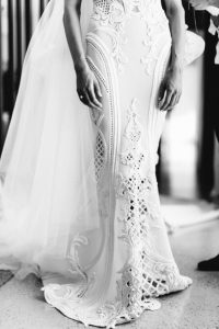 Embossed embroidery on couture wedding gown