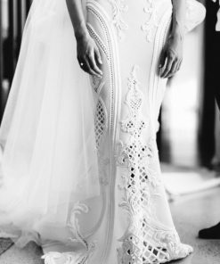 Embossed embroidery on couture wedding gown