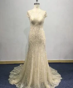 ST20007-1 cap sleeve vintage beaded wedding dress by Darius Cordell