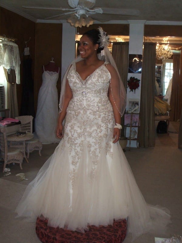 beaded fit-and-flare plus size wedding gowns