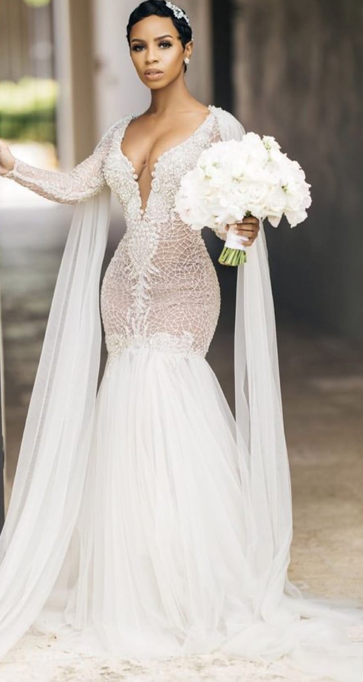 long sleeve bridal dress with open neck line