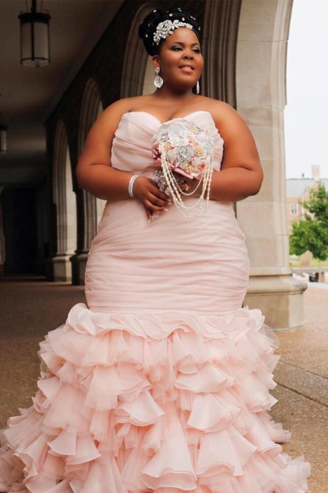 Blush colored fit-to-flare plus size wedding gowns DARIUS COLLECTION
