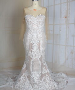 illusion neckline plus size wedding gown with sheer sleeves