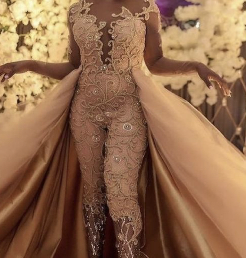 Gold beaded wedding pantsuit with detachable train