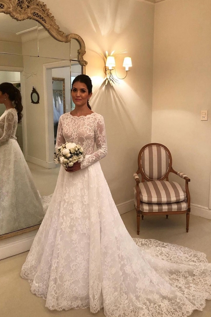 Long Sleeve modest lace bridal gown for Church wedding