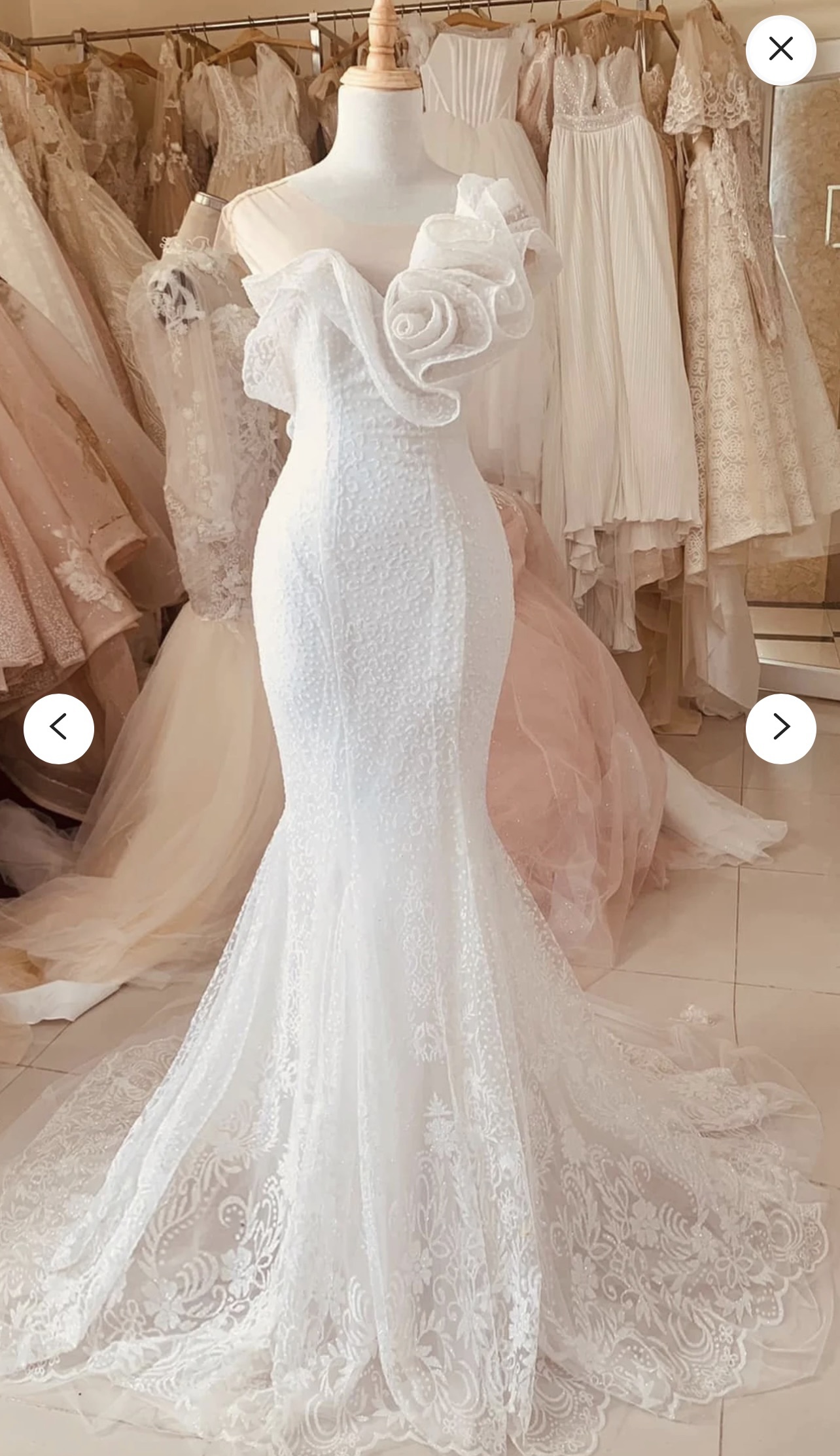 One shoulder ruffled wedding gown