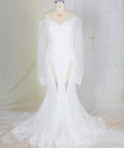 Amanda off the shoulder long sleeve sheer panel wedding gown by Darius Cordell
