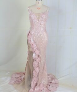 #95153-1 sheer pastel pink sequin beaded formal evening gown by Darius Cordell