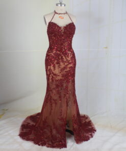 #95167-1 sheer red sequin beaded formal evening gown by Darius Cordell
