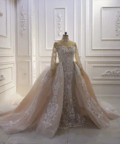 422 (2)- sheer long sleeve wedding gown with detachable train