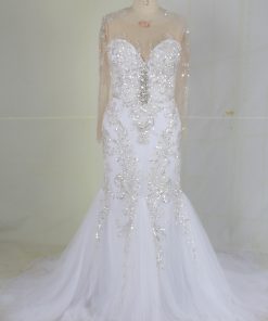 C2023Shakea - sheer illusion long sleeve crystal beaded fit-to-flare wedding gown by Darius Cordell