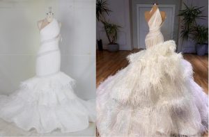 $10k inspired recreations of a Valdrin Sahiti fit-and-flare wedding gown for $2k from Darius Cordell Texas