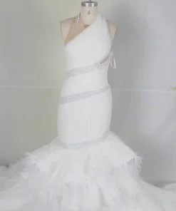 Vintea Burns-3 sleeveless halter darius cordell wedding gown with feathers