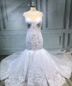 ED001 short cap sleeve embroidered fit-to-flare wedding gown with cathedral train by darius cordell