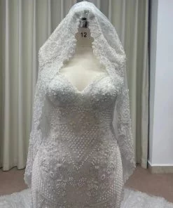 strapless beaded fit-to-flare wedding gown