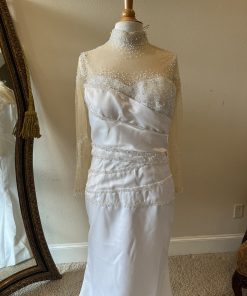 C2025-Aperkins - beaded sheer long sleeve satin wedding gown with collar by Darius Cordell