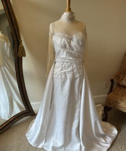 C2025-Aperkins - long sleeve wedding gown with pleasted bodice and detachable overskirt by Darius Cordell
